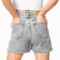Woman in denim shorts png mockup, transparent design