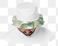 Png man in bucket hat, leaf printed brim, transparent background