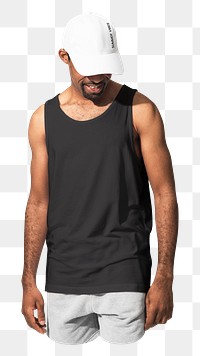 Png African American man casual wear with white cap, black tank top, transparent background