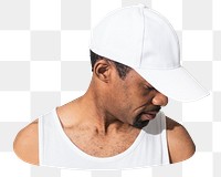 Png white cap and white tank top, African American model, transparent background