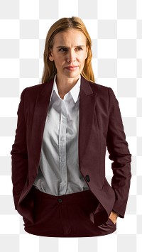 Png woman in formal wear, burgandy blazer, transparent background