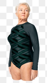 Png old lady in green swimsuit, summer apparel ,transparent background