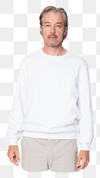 Mature man png in white sweater, casual apparel ,transparent background
