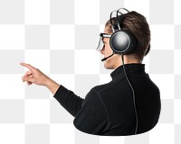 Png man wearing smart glasses and black headset, transparent background