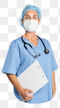 Female doctor png holding a clipboard, transparent background