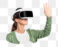 Woman png in a green cardigan experiencing VR, transparent background