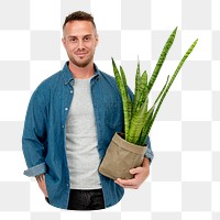 Png man holding snake plant, transparent background