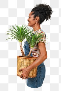 PNG plant parents holding  houseplants side view, transparent background