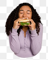 Png woman eating hamburger, transparent background