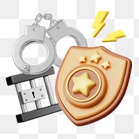 Police star png badge, handcuffs & cell, 3D job remix, transparent background