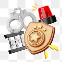 Police star png badge, handcuffs & cell, 3D job remix, transparent background