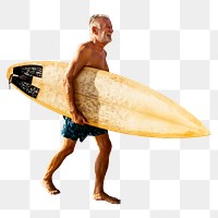 Png senior beach surfer, isolated collage element, transparent background