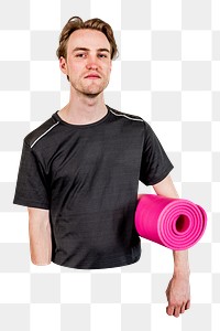 PNG man in black sportswear with pink yoga mat, transparent background
