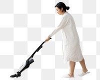 Png japanese woman vacuuming, isolated collage element, transparent background