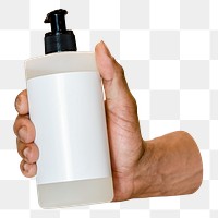 PNG Pump bottle, hand holding, beauty product packaging transparent background