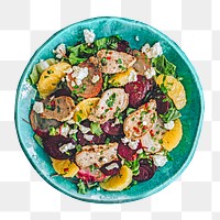 Fresh healthy salad png, in a blue bowl, transparent background