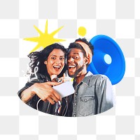 Png couple taking selfies, social media collage, transparent background