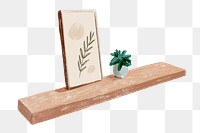 Png wood shelf and picture frame illustration, transparent background