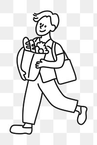 Doodle man grocery shopping png illustration, transparent background