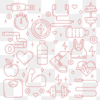 PNG Fitness, health & wellness icons, pink line art collection, transparent background