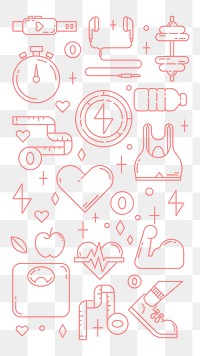 PNG Fitness, health & wellness icons, pink line art collection, transparent background