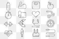 PNG Fitness, health & wellness icons, black line art collection, transparent background