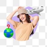 Cheerful tourist woman png, creative travel remix, transparent background