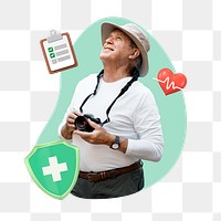 Senior tourist man png, creative insurance remix, transparent background