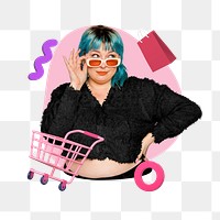 Shopaholic woman png, creative remix, transparent background