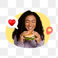 Woman eating burger png, creative food remix, transparent background