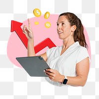 Businesswoman using tablet png, business strategy remix, transparent background