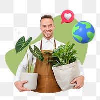 Man holding houseplant png, creative environment remix, transparent background