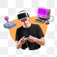 Man playing VR game png, creative remix, transparent background