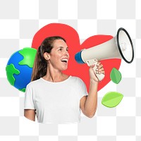 Woman activist holding megaphone png, environment remix, transparent background