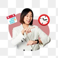 Businesswoman using smartwatch png, business hours remix, transparent background