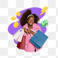 Woman holding shopping bags png, creative remix, transparent background