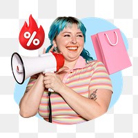 Woman holding megaphone png, sale shopping remix, transparent background
