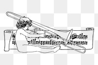 PNG Vintage boy playing trombone illustration, transparent background