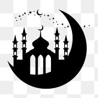 PNG Mosque on crescent moon silhouette illustration, transparent background