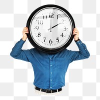 PNG Businessman holding wall clock time management, collage element, transparent background