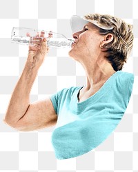 PNG Senior woman drinking water after an exercise collage element, transparent background