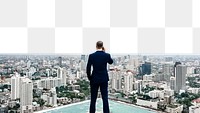 PNG Business man talking on a phone with a cityscape collage element, transparent background