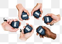 PNG Closeup of hands holding stop watches, collage element, transparent background