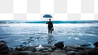 PNG Businessman standing with an umbrella in the ocean collage element, transparent background