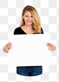 PNG Happy blonde woman holding an empty board, collage element on transparent background