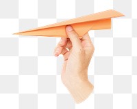 PNG Hand holding origami paper plane, collage element, transparent background