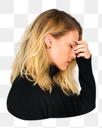 PNG Stressed woman, collage element on transparent background