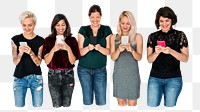 PNG Diverse people using phones, collage element on transparent background