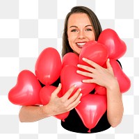 PNG girl holding heart balloons, collage element, transparent background