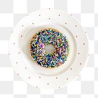 Colorful sprinkled donut png, on a plate, aerial view, transparent background